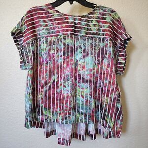 Soft Surroundings Red & Green Abstract Print Striped Short Sleeve Blouse S